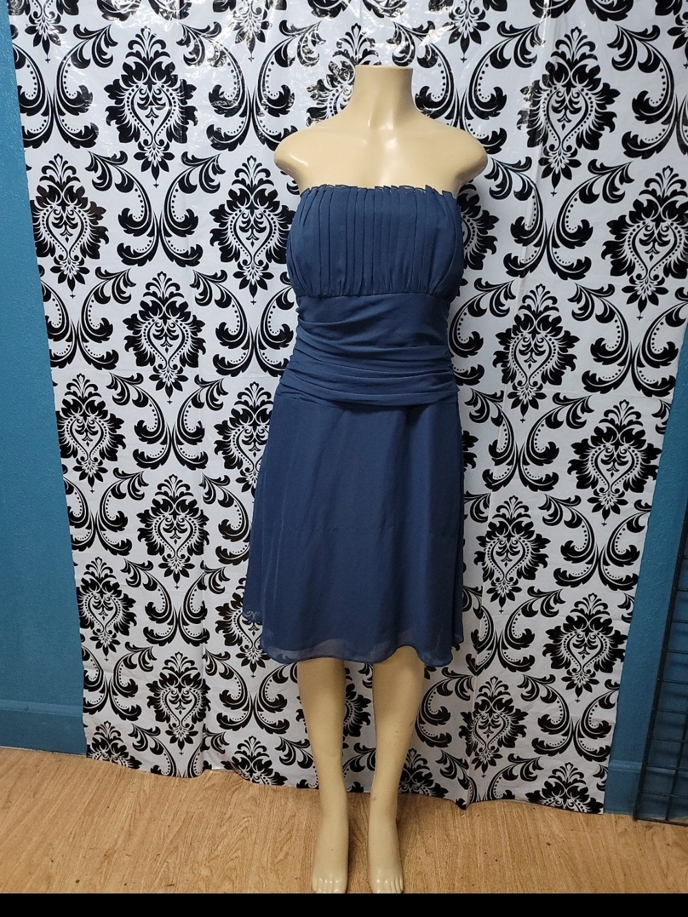 Women's Strapless Navy Pleated Waistband Dress